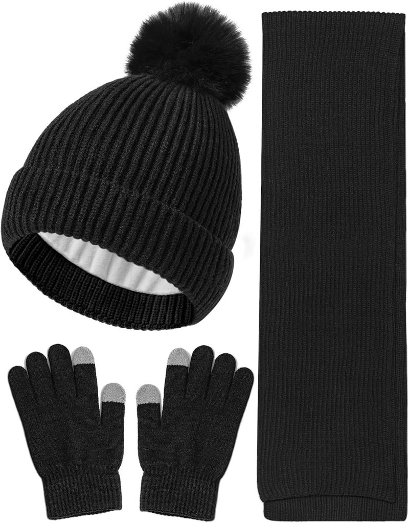 Wandx Kids Winter Hat Gloves Scarf Set Children Pompom Knit Beanie Warm Gloves with Thick Fleece for Boys Girls Ages 4-12 - Image 1